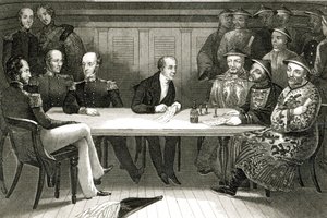 A conference at Chusan between Commodore Bremer and Chang, a Chinese official, on board the HMS Wellesley, 4th July 1841 by German School