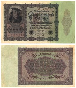 A Fifty Thousand Mark Banknote, 1922 (recto and verso) by German School