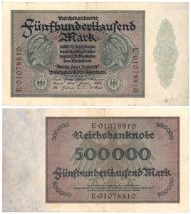A Five Hundred Thousand Mark Banknote, 1923 (recto and verso) by German School