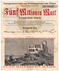 A Five Million Mark Banknote, c.1923 (recto and verso) by German School