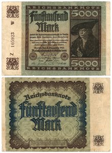 A Five Thousand Mark Banknote, 1922 (recto and verso) by German School