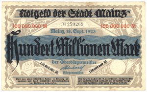 A Hundred Million Mark Banknote, 1923 by German School