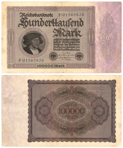 A Hundred Thousand Mark Banknote, 1923 (recto and verso) by German School