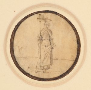 A roundel depicting Christ with a long cloak fixed at the neck holding a processional cross by German School
