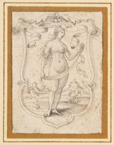 A scrolled shield with the image of a nude woman standing in a landscape, perhaps an allegory of Pride by German School