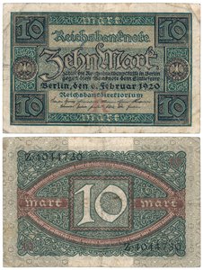 A Ten Mark Banknote, 1920 (recto and verso) by German School