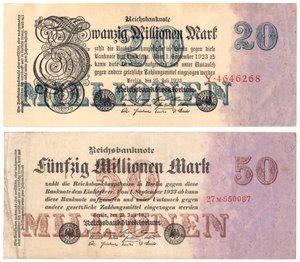 A Twenty and Fifty Million Mark Banknotes, 1923 by German School