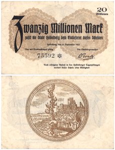 A Twenty Million Mark Banknote, 1923 (recto and verso) by German School
