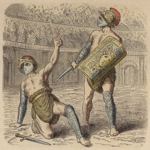 A wounded Roman gladiator pleading to the crowd for his life by German School