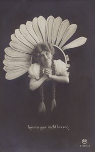 A young woman with long plaits sticks her head through a flower by German School