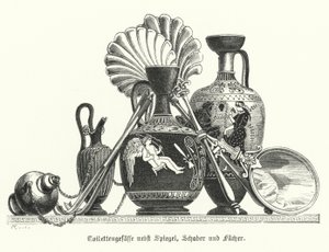 Ancient Greek toiletries vessels together with a mirror, scrapers and fans by German School