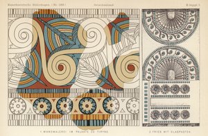 Ancient Greek wall painting from a palace in Tiryns and frieze with glass paste decoration by German School