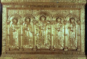 Antependium depicting Christ with the donors at his feet between the Archangels Gabriel, Raphael and Michael and St. Benedict by German School