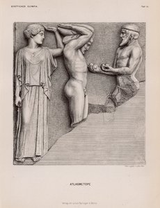 Atlas bringing Heracles the Apples of the Hesperides in the presence of Athena, metope from the Temple of Zeus, Olympia, Greece by German School