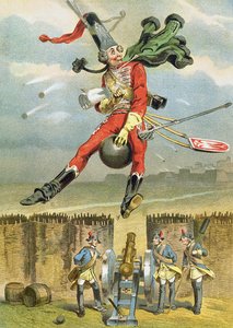Baron Munchausen flying over the enemy lines on a cannon ball, illustration from a German edition of The Adventures of Baron Munchausen