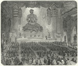 Buddhists Worshipping in a Monastery in Peking (engraving) by German School