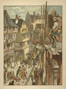 Builders at work on a house by German School