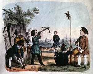 Children shooting a target with an arquebuse, c.1860