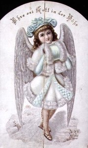 Christmas card of an angel with a muff, German, c.1880