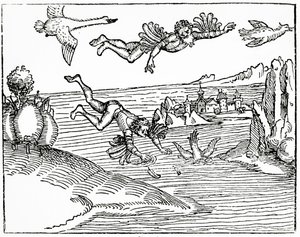Daedalus, escaping from Crete with his son, Icarus, sees him falling to his death, 1493