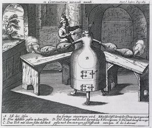 Distillation of Nitric Acid (Aqua Fortis or Parting Acid) in an Iron Man with Two Noses by German School