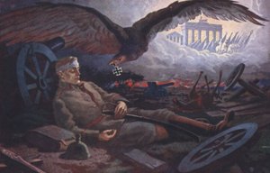 Eagle delivering the Iron Cross to a fallen German soldier on the battlefield