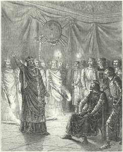 Edmund Rich, Archbishop of Canterbury, threatening King Henry III with excommunication by German School
