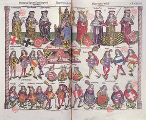 Emperor and electors of the Holy Roman Empire with twenty four German noblemen presenting their coats of arms by German School