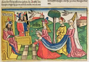 Esther 2:15-18, Esther is chosen to be Queen by the Persian King Ahasuerus, from the Nuremberg Bible by German School
