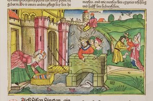 Exodus 2:1-6 Moses being floated down the Nile and discovered by one of Pharaoh