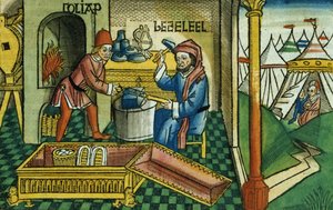 Exodus 31:2-8 Bezalel and Oholiab making the Ark of the Covenant, from the Nuremberg Bible