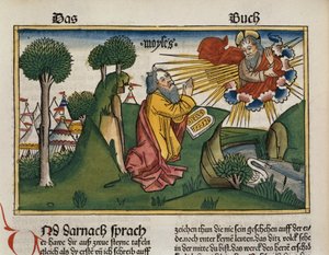 Exodus 34:1-10 Moses receives the second tablets with the Ten Commandments, from the Nuremberg Bible by German School
