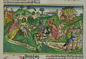 Facsimile copy of Job: Frontispiece, Job being scolded by his wife, his house and family destroyed by a hurricane and his livestock stolen, from the Nuremberg Bible by German School