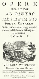 Facsimile of the title page of a Venetian edition of the collected works of Italian poet and librettist Pietro Metastasio