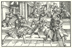 Fencing scene by German School