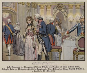First meeting of Crown Prince Frederick William of Prussia and his future bride, Princess Louise of Mecklenburg-Strelitz at the headquarters of his father, King Frederick William II, at Frankfurt by German School