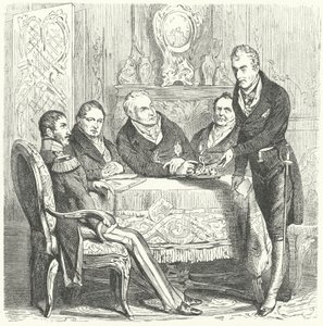 Frederick William III of Prussia in discussions with his Prime Minister, Karl August von Hardenberg and Klemens von Metternich, the Austrian Foreign Minister by German School