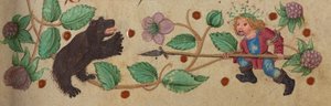 Garlanded Hunter on foot spearing a bear, c. 1475-1485