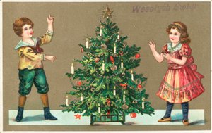 Girl and Boy with Christmas Tree by German School