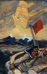 Illustration of German propaganda from the magazine Jugend during the 1st World War. An English sailor is terrorized by the appearance of a ghost ship flying the flag of the Reich.