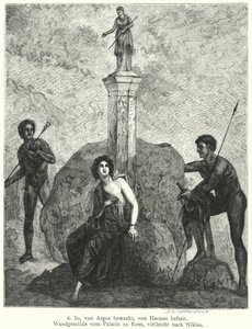 Io, guarded by Argus Panoptes by order of the goddess Hera, being watched by Hermes, sent by Zeus to abduct her, Roman wall painting by German School