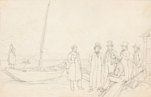 Lakeside scene with seven figures
