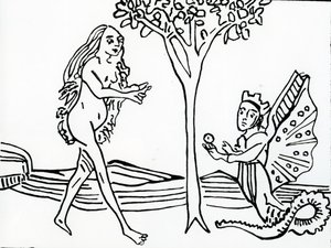 Lilith, winged and crowned, with serpent’s tail, offers the apple to Eve, from 