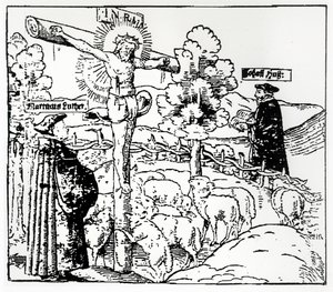 Luther and Hus with Christ in the Sheepfold by German School