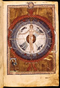 The Cosmic Spheres and Human Being, vision of Hildegard of Bingen from "Liber Divinorum Operum", c.1220-30 by German School
