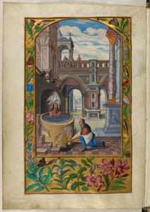Ms Harley 3469, f.21v Man Bathing in a Courtyard, the Seventh Parable, from 