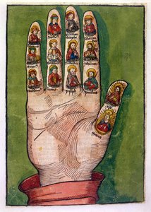 Mystic hand of Bridget of Sweden depicting Christ, the Virgin Mary, apostles and others, 1491 by German School