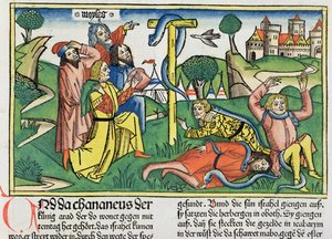 Numbers 21:4-9 Poisonous snakes bite rebellious Israelites, from the Nuremberg Bible by German School