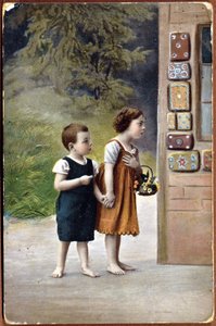Postcard depicting Hansel and Gretel in front of the gingerbread house