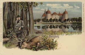 Postcard Depicting a Man with a Shot Stag with Moritzburg Castle in the Background by German School